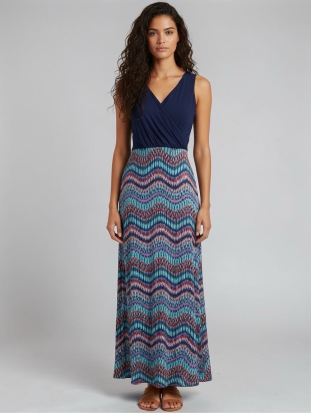 Gilli Navy Blue Sleeveless Maxi Dress With Colorful Chevron Wave Skirt